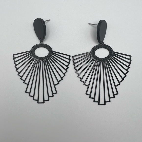All Black Classic Art Deco Statement Earrings - Trendy Stylish Earrings - Picture 4 of 13